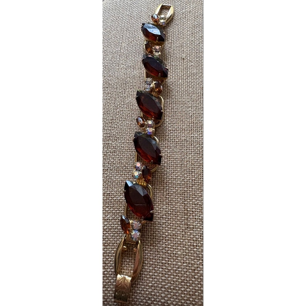 Vintage 1950s Amber Rhinestone Bracelet Topaz & Aurora Borealis Link Bracelet
